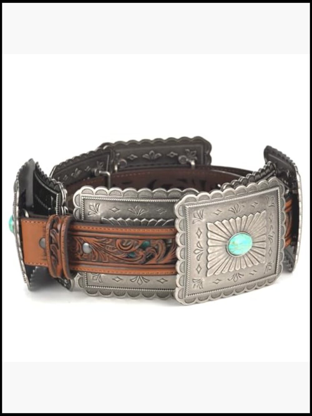 Turquoise Concho Western Belt Tooled Embroidery Wide Girth - Picture 5 of 7